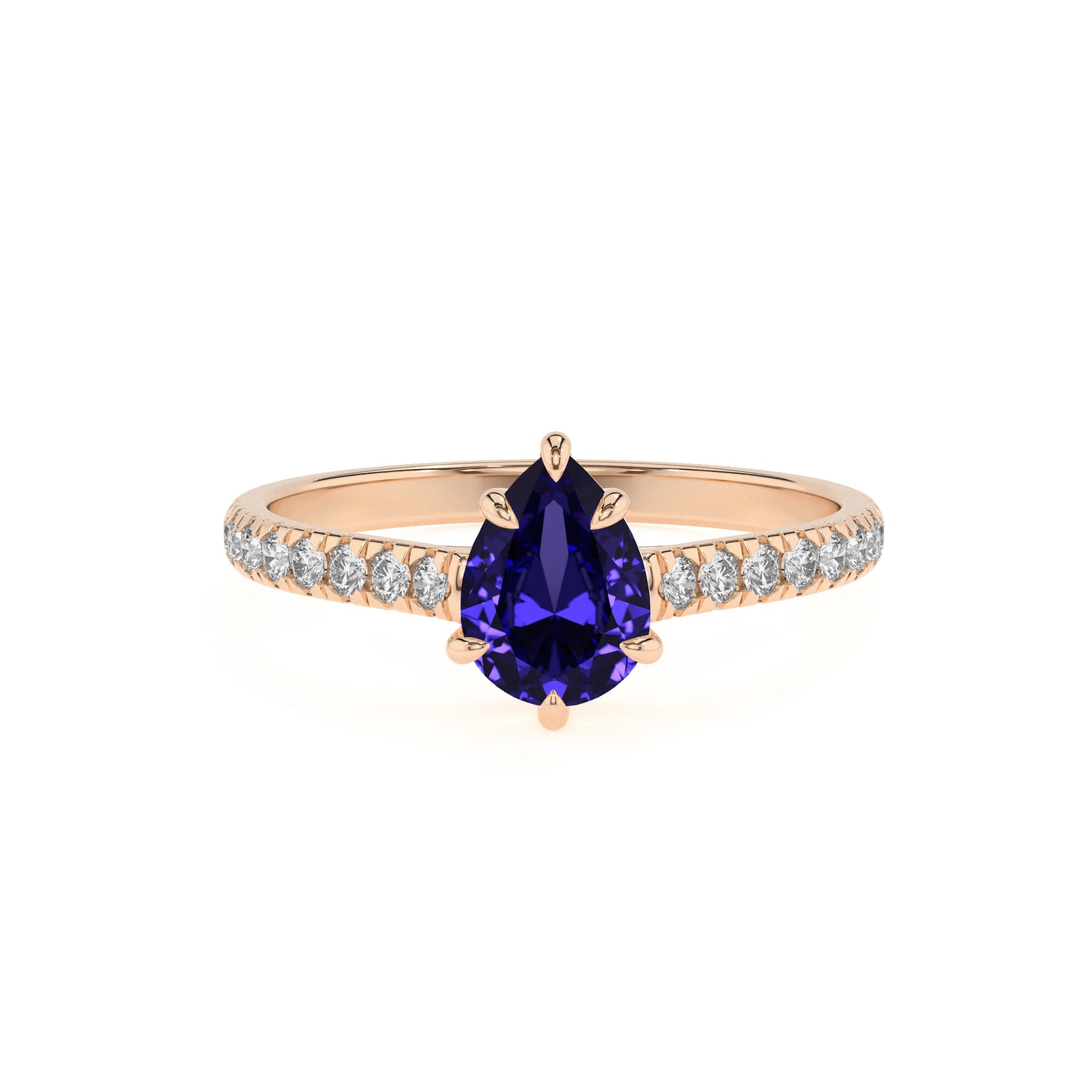 lab grown tanzanite pear half eternity solitaire engagement rings in rose gold