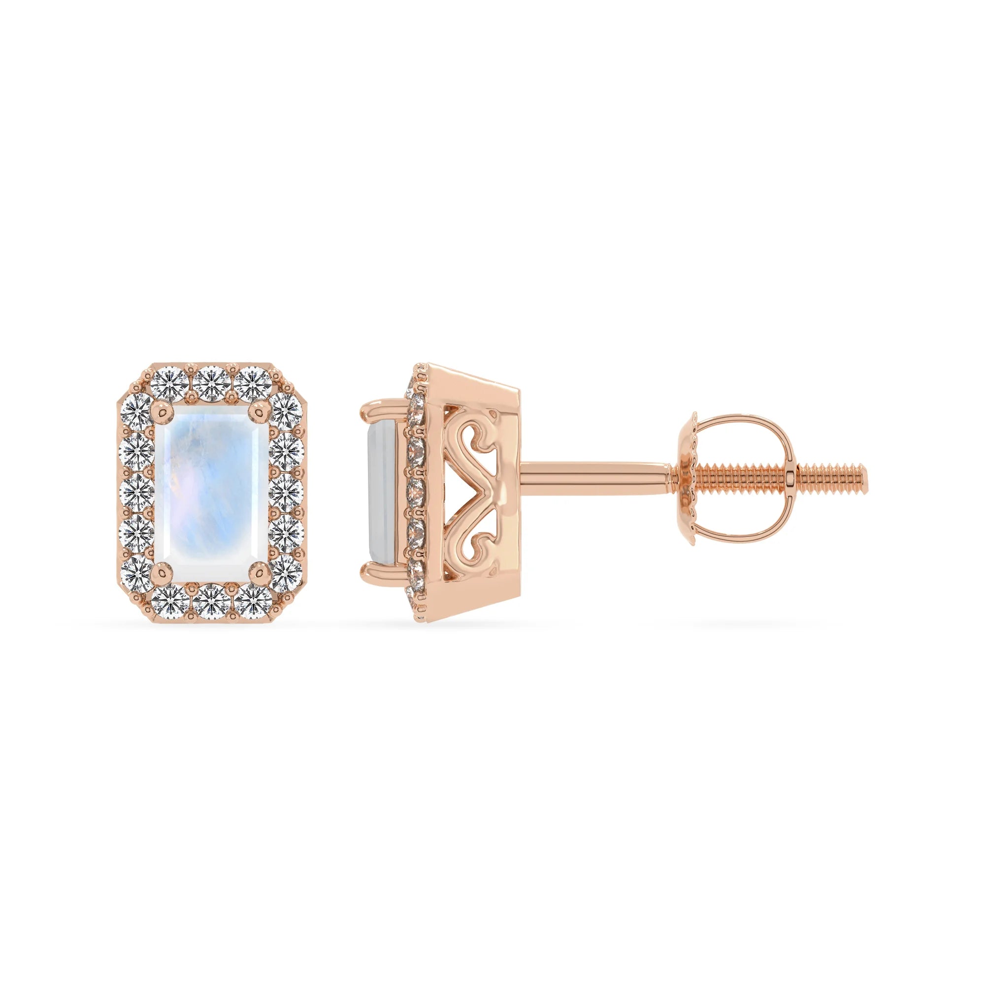 natural rainbow moonstone emerald cut stud earrings in rose gold