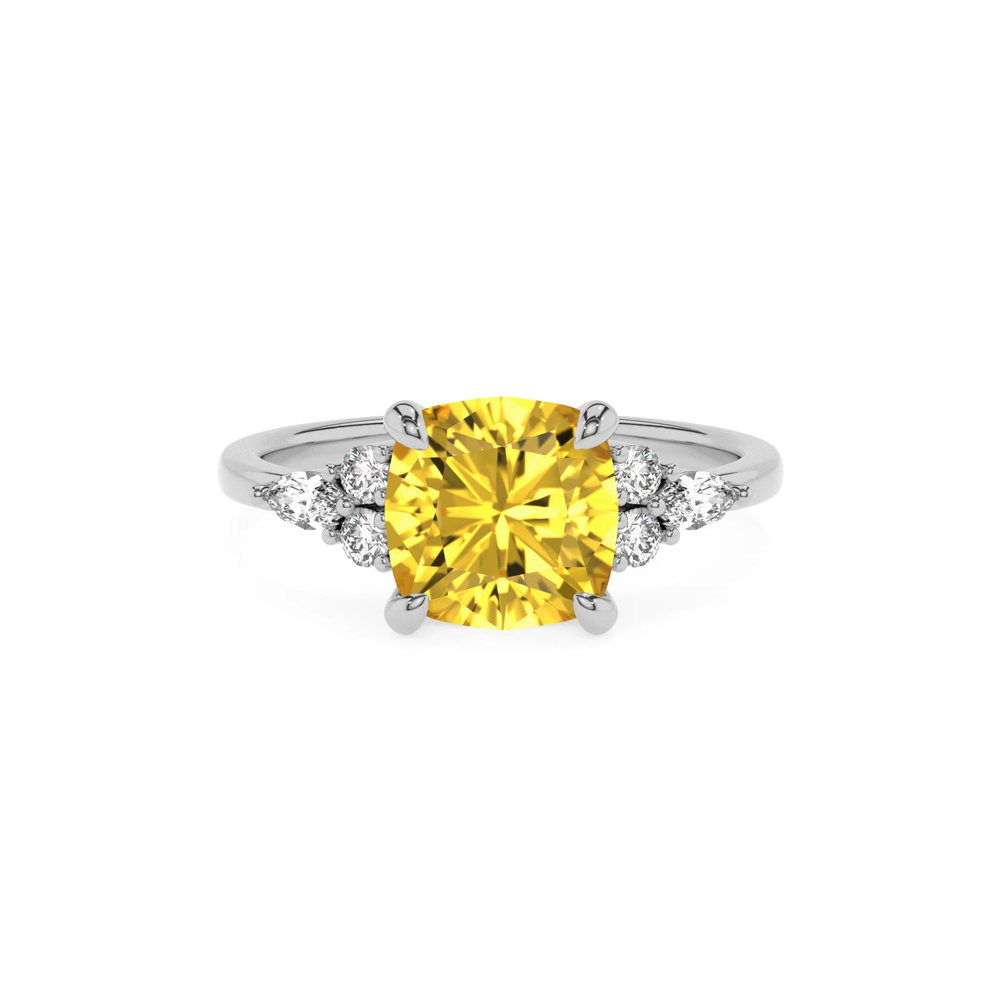 lab grown yellow-sapphire cushion solitaire rings in platinum