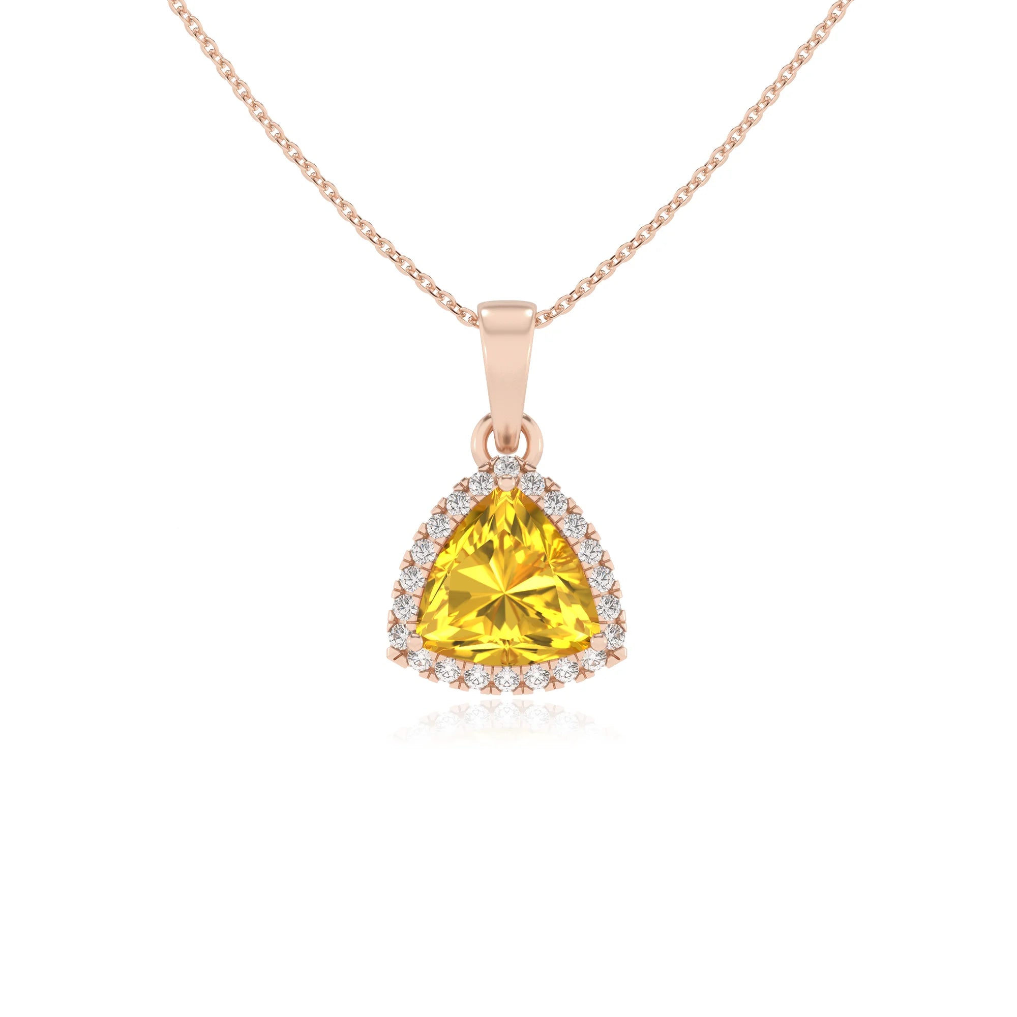 lab grown yellow-sapphire trillion solitaire necklaces in rose gold