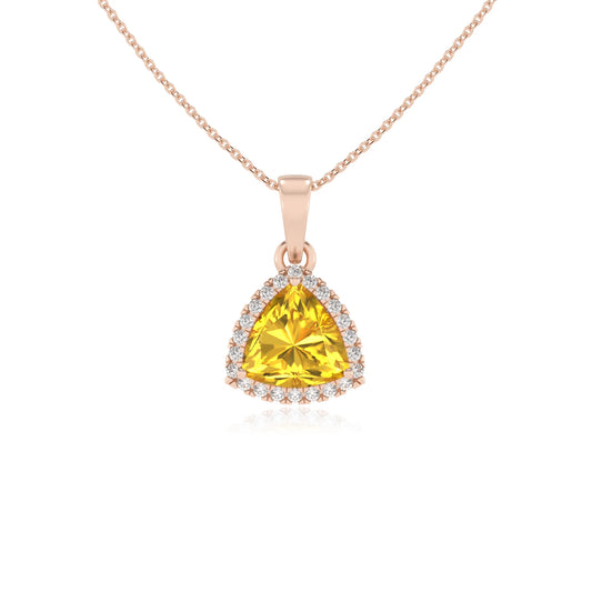 lab grown yellow-sapphire trillion solitaire necklaces in rose gold