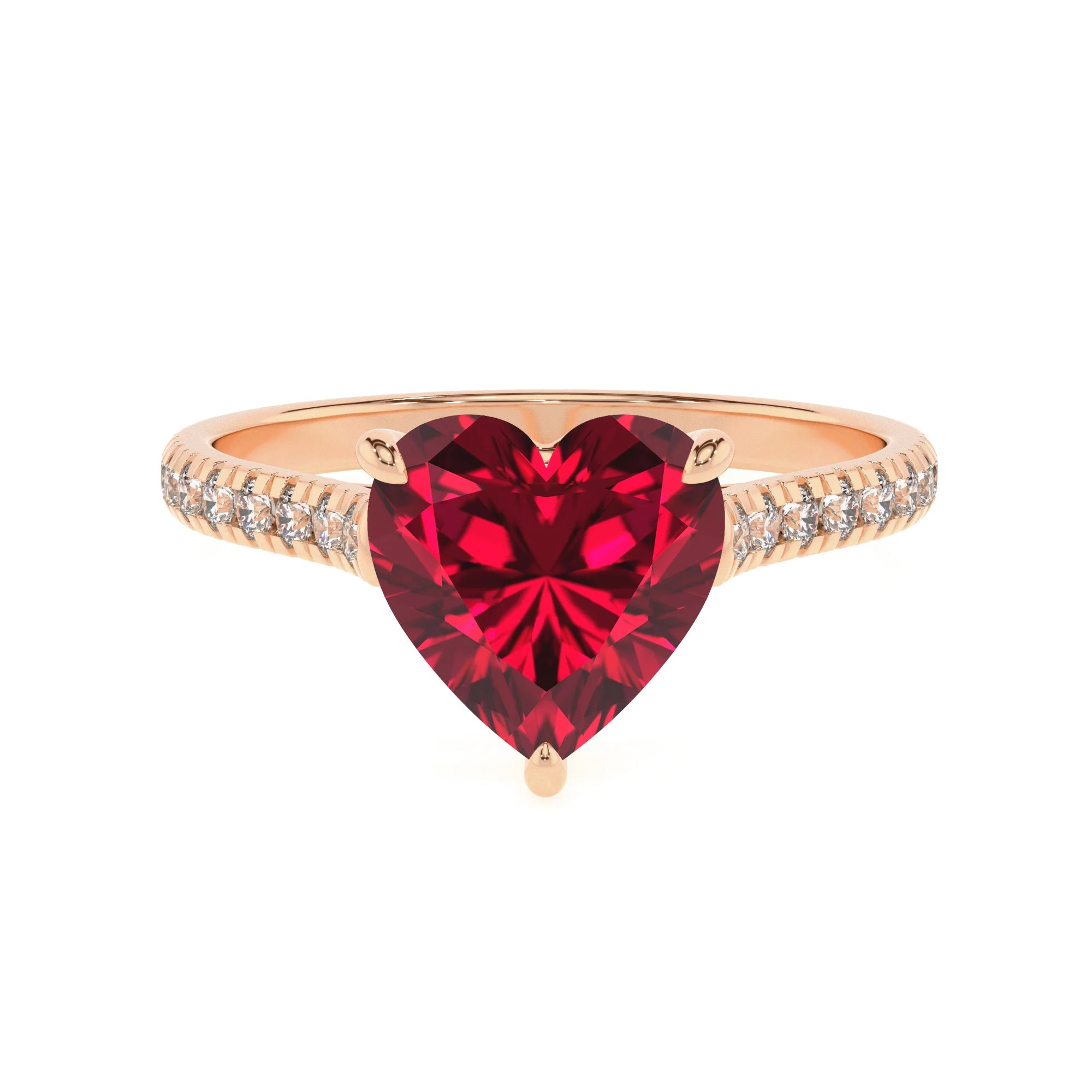 lab grown ruby heart half eternity solitaire engagement rings in rose gold