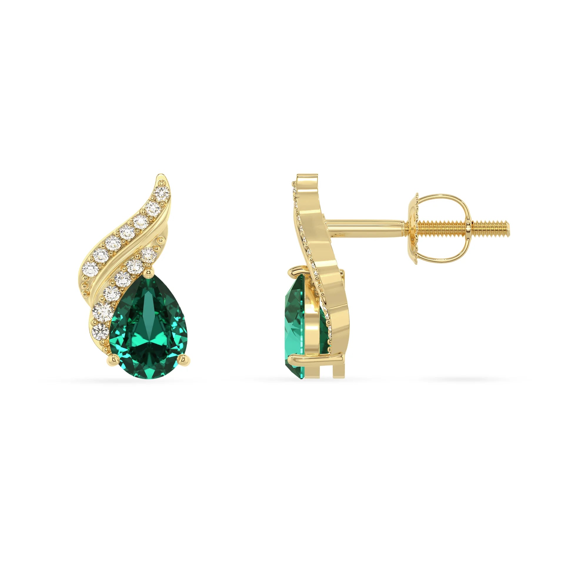 lab grown emerald pear stud earrings in yellow gold