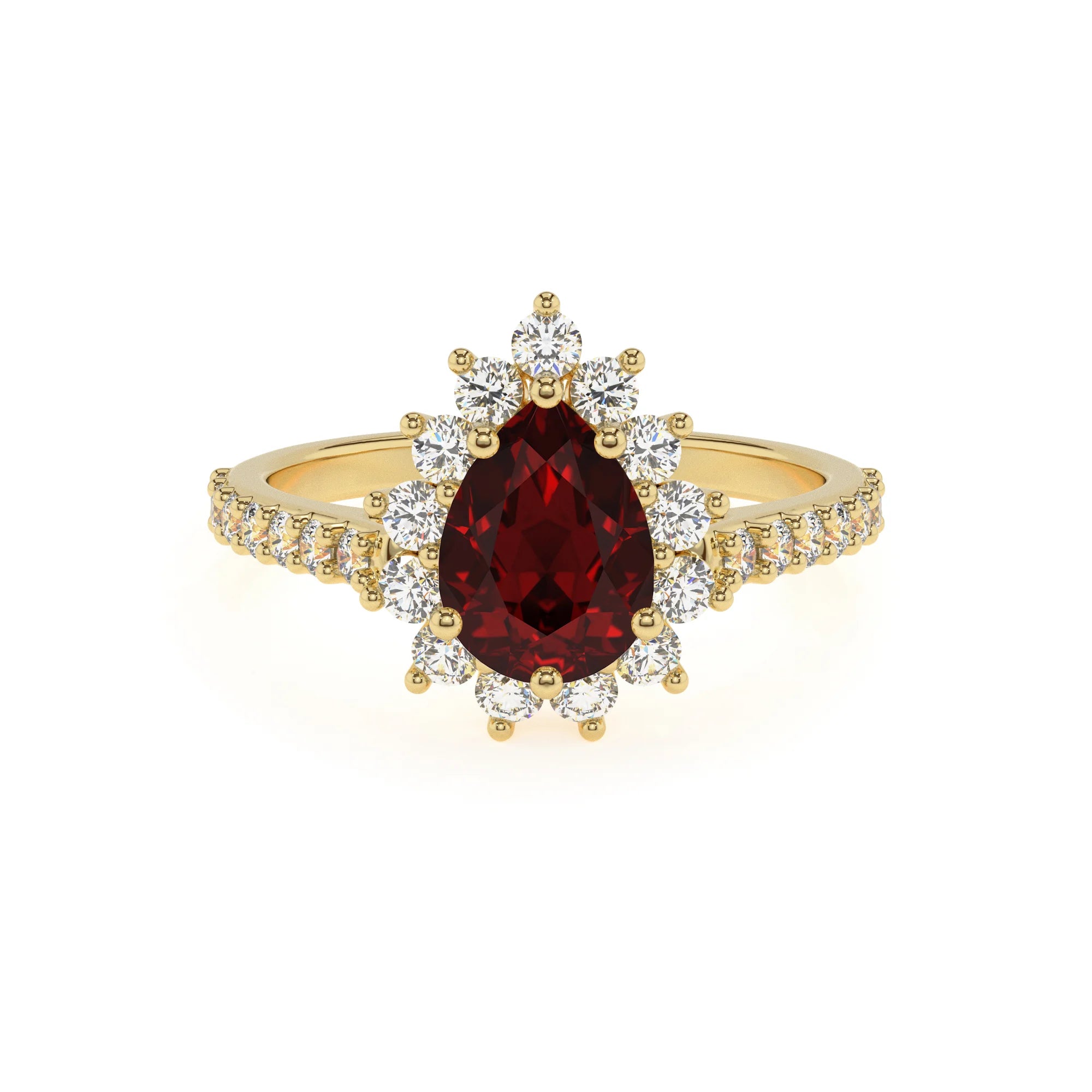 natural garnet pear solitaire rings in yellow gold