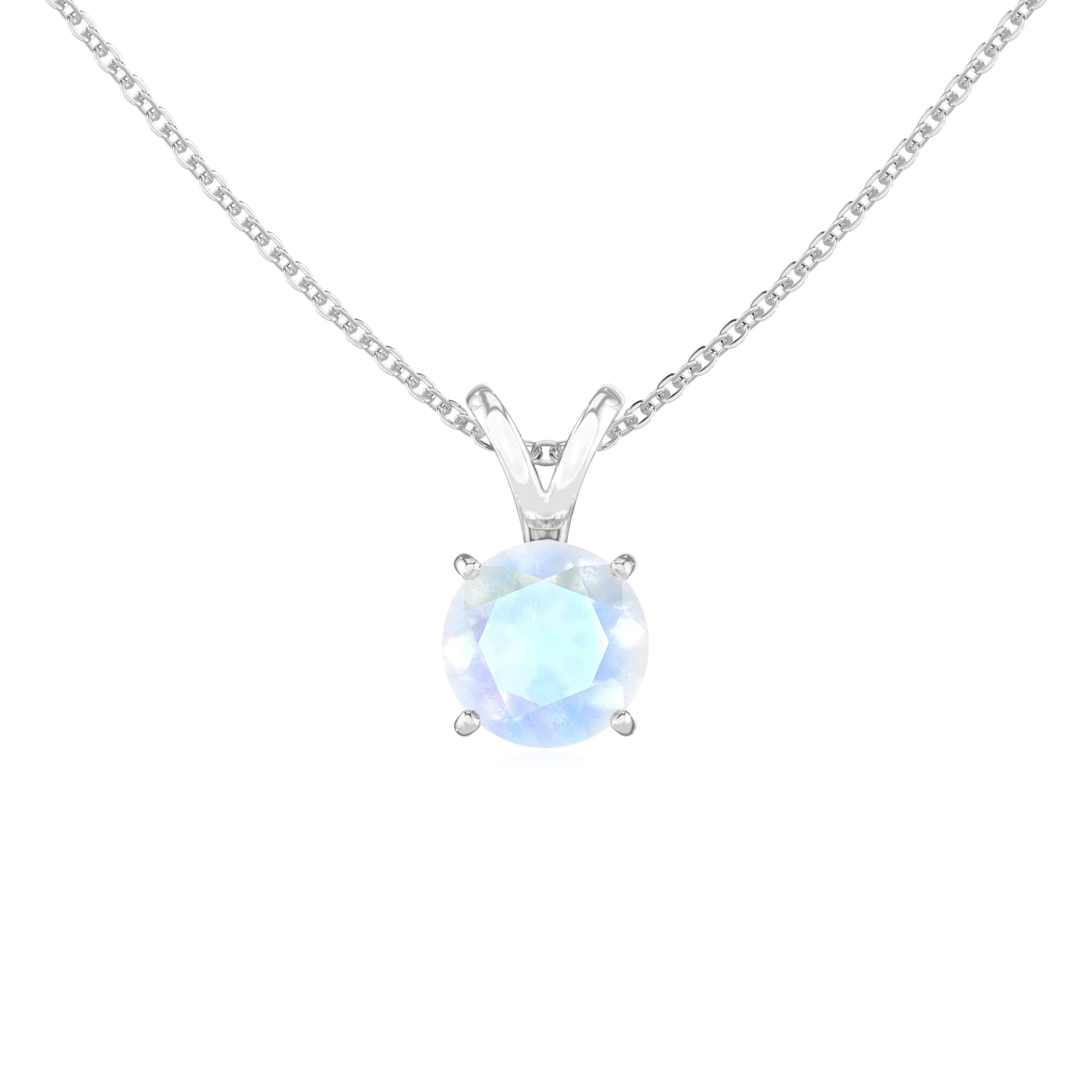 natural rainbow-moonstone round solitaire v-bale necklaces in sterling silver