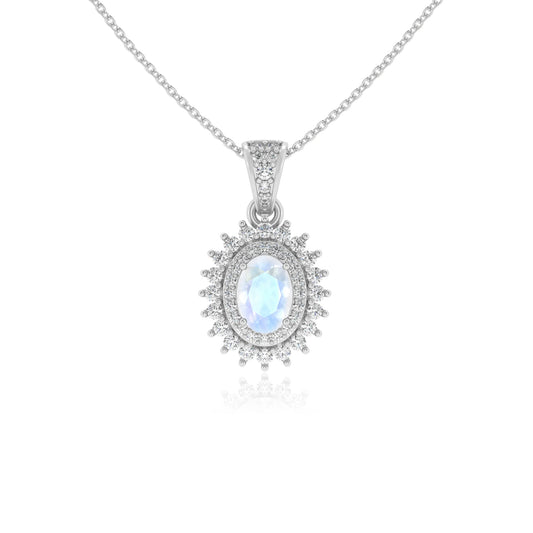 natural rainbow-moonstone oval halo necklaces in white gold