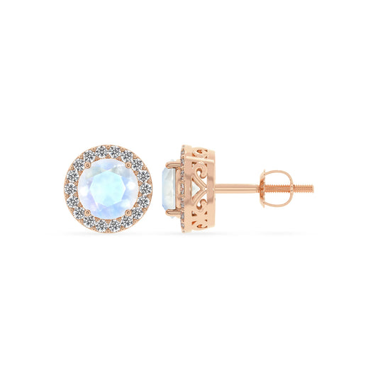 natural rainbow moonstone round stud earrings in rose gold