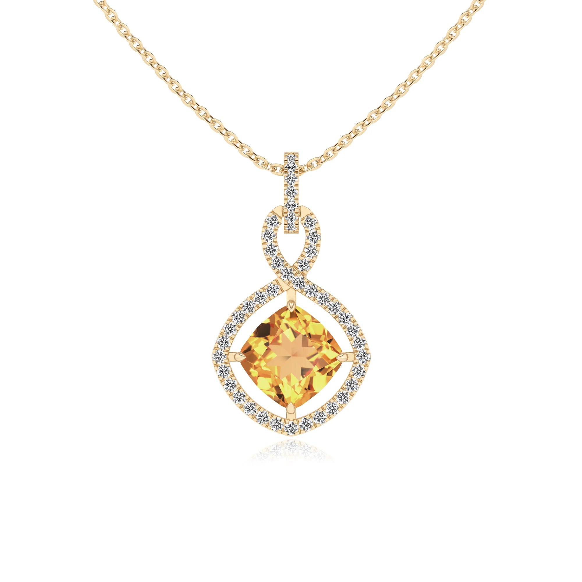 lab grown citrine cushion infinity necklaces in yellow gold