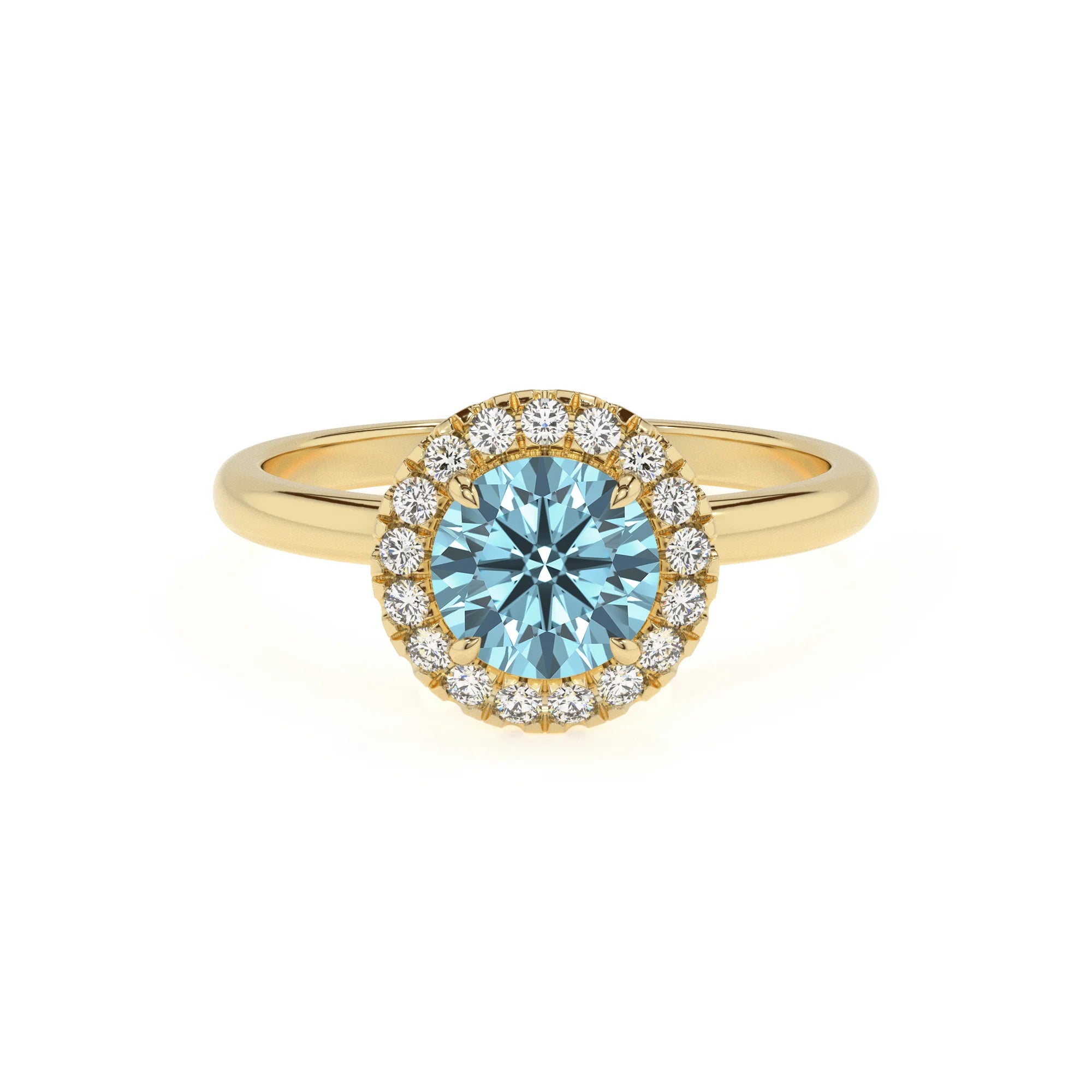 lab grown aquamarine round solitaire rings in yellow gold