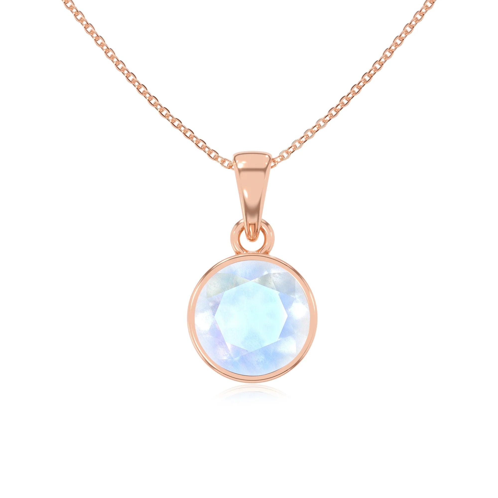 natural rainbow-moonstone round solitaire necklaces in rose gold