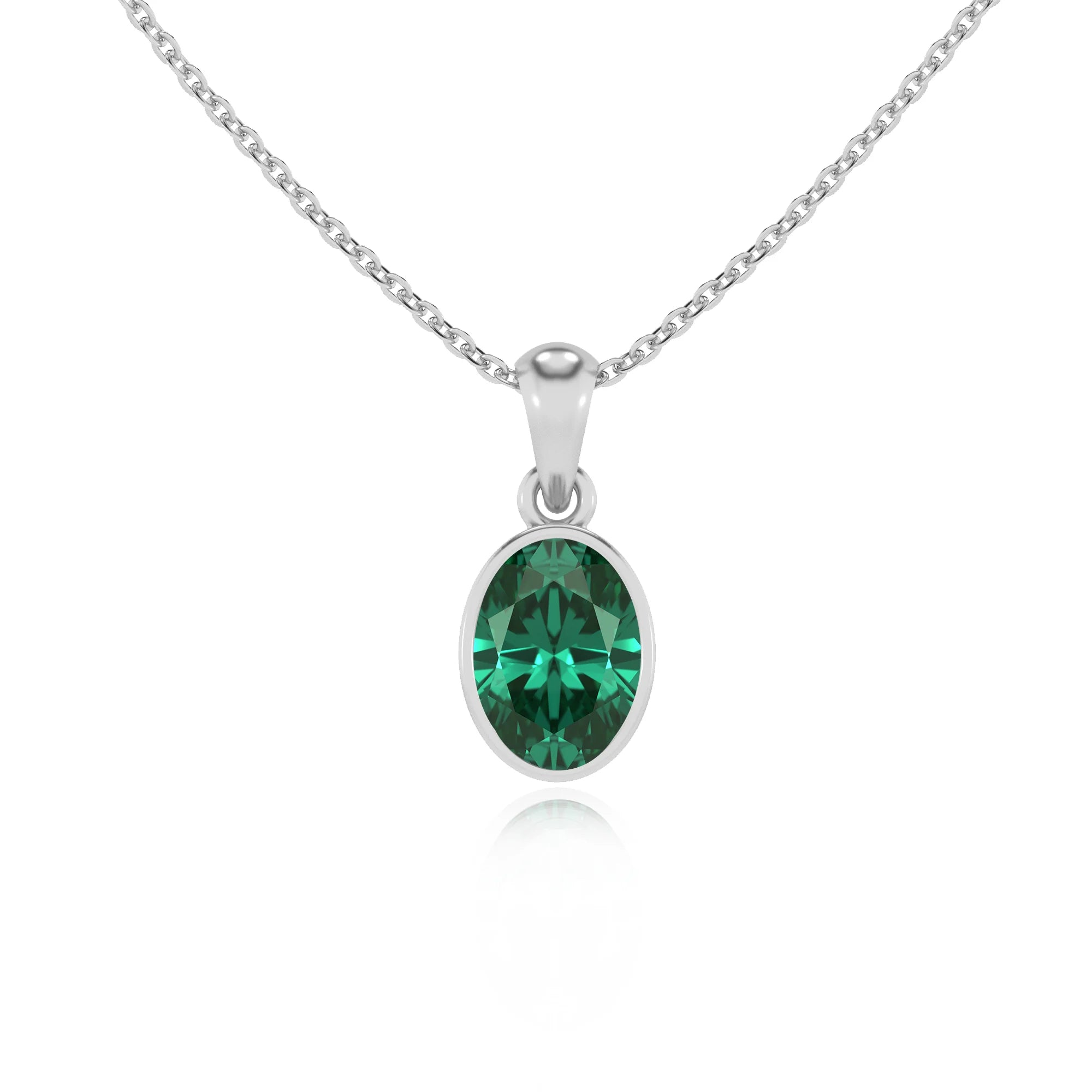 lab grown emerald oval solitaire necklaces in white gold