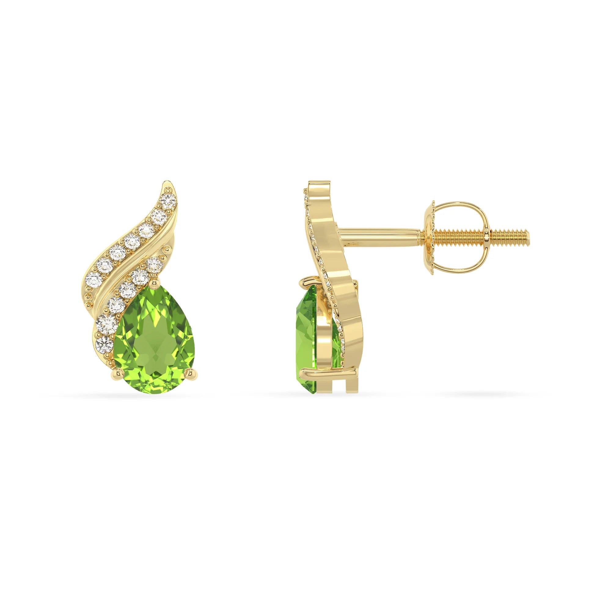 natural peridot pear stud earrings in yellow gold