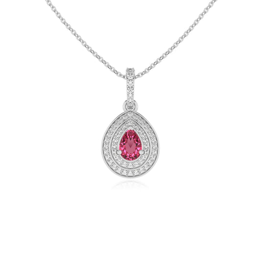 lab grown pink-tourmaline pear halo necklaces in platinum