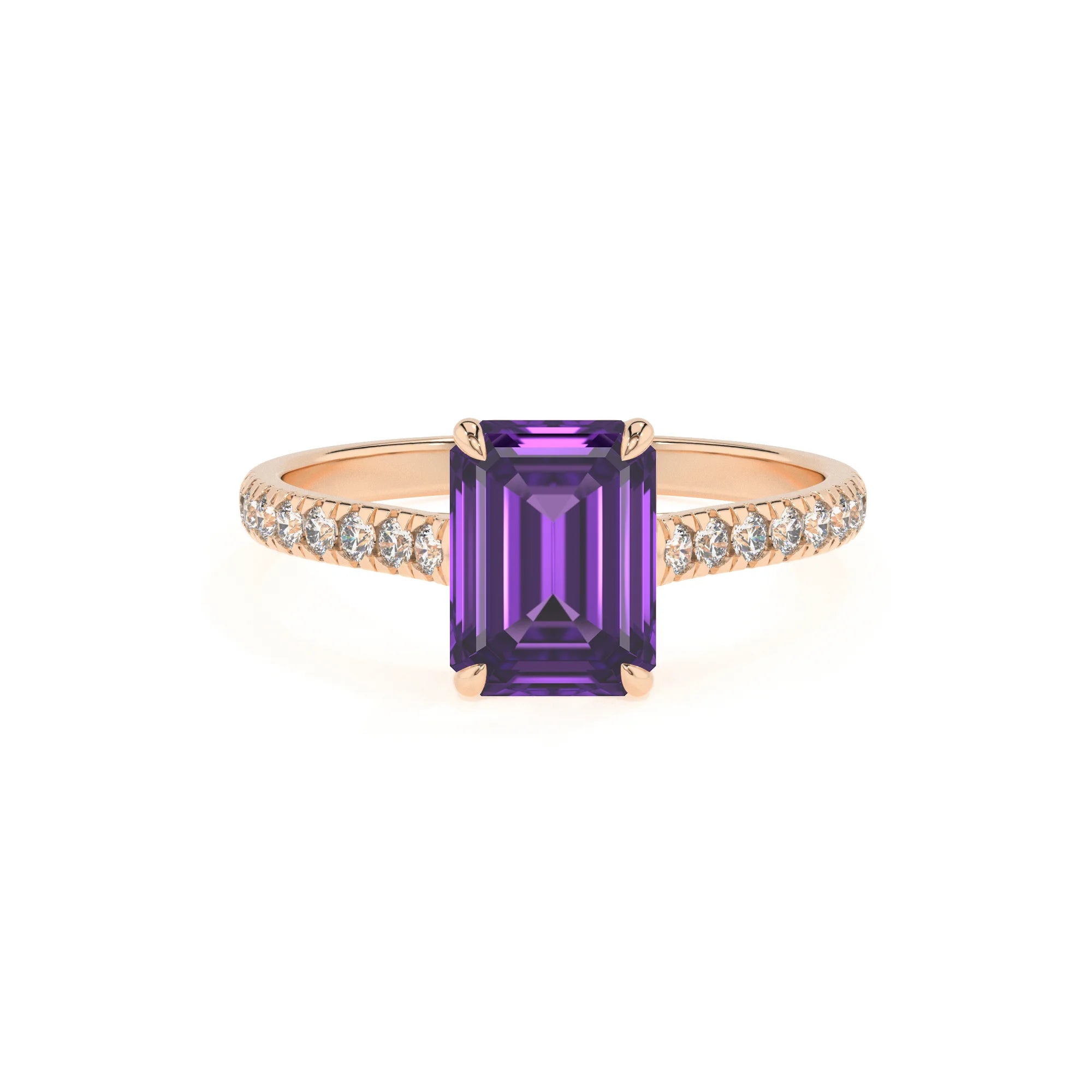 lab grown amethyst emerald cut half eternity solitaire engagement rings in rose gold
