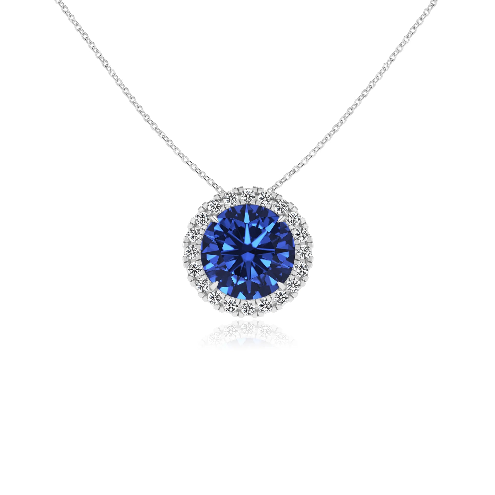 lab grown blue sapphire round solitaire necklaces in white gold
