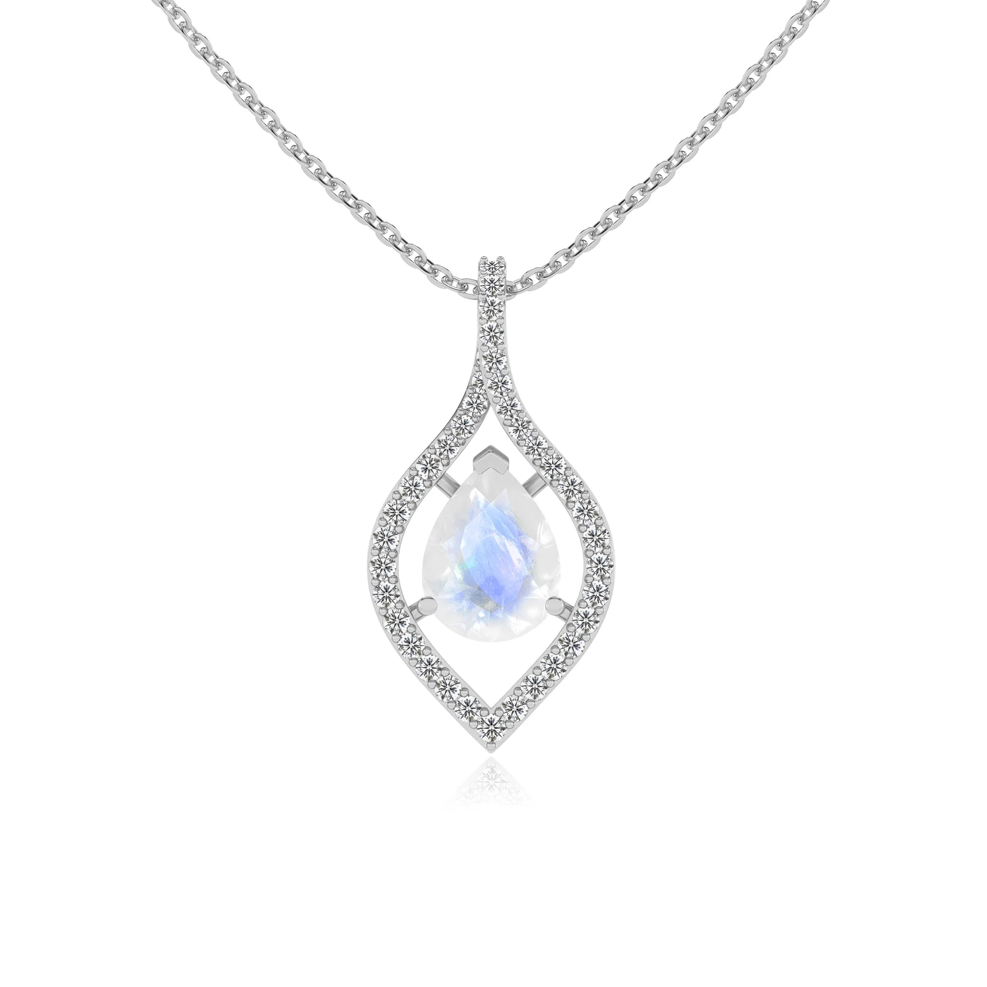 natural rainbow-moonstone pear infinity necklaces in platinum