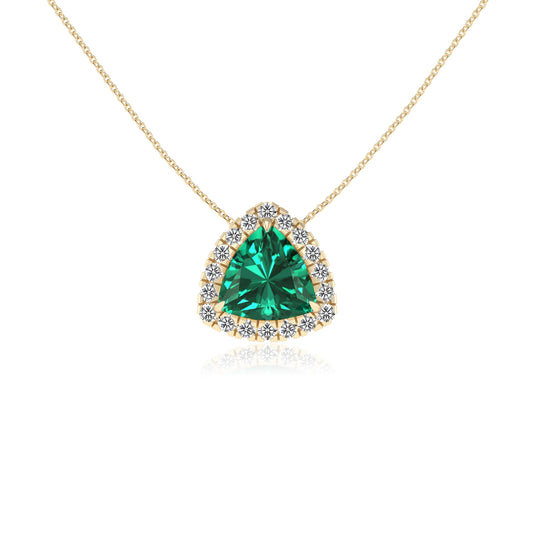 lab grown emerald trillion solitaire necklaces in yellow gold