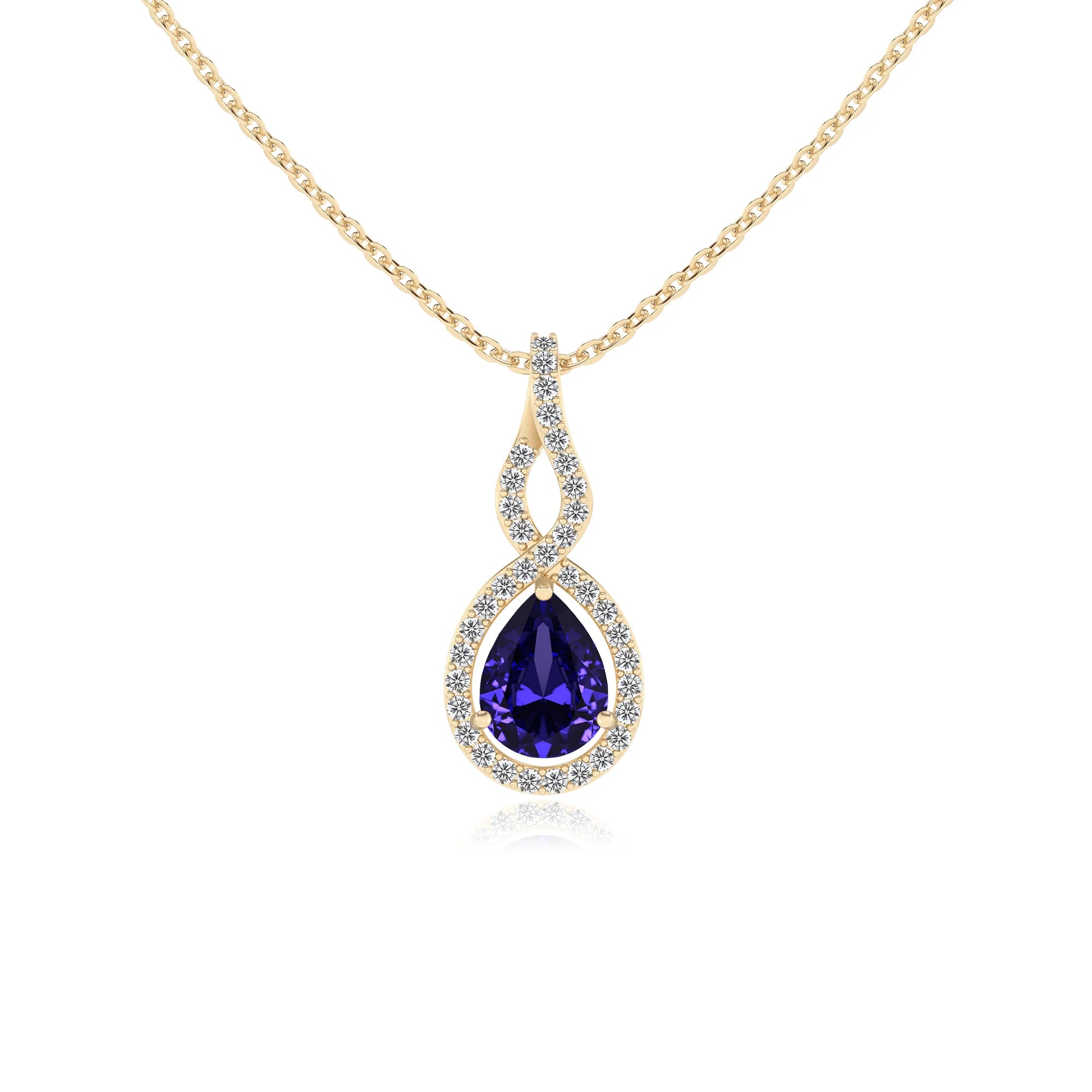 lab grown tanzanite pear necklaces in yellow gold
