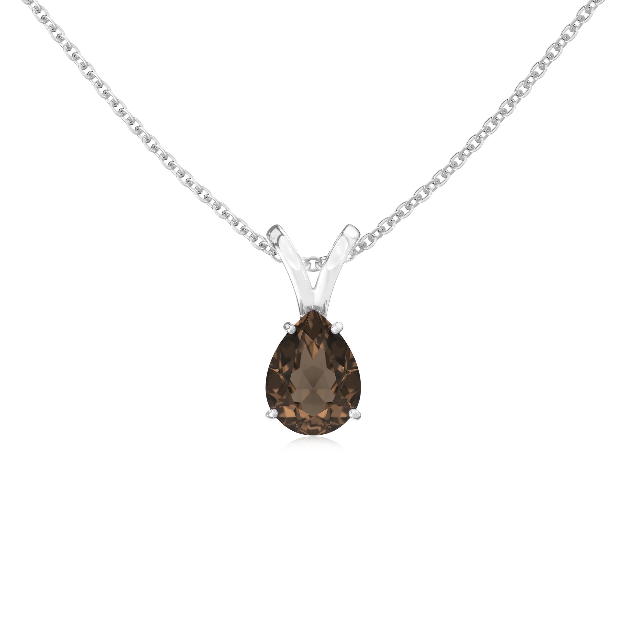 natural smoky-quartz pear solitaire v-bale necklaces in sterling silver