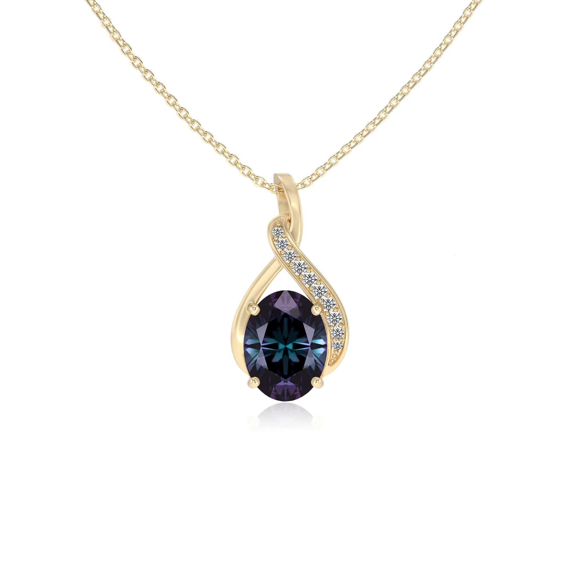 lab grown alexandrite oval solitaire necklaces in yellow gold