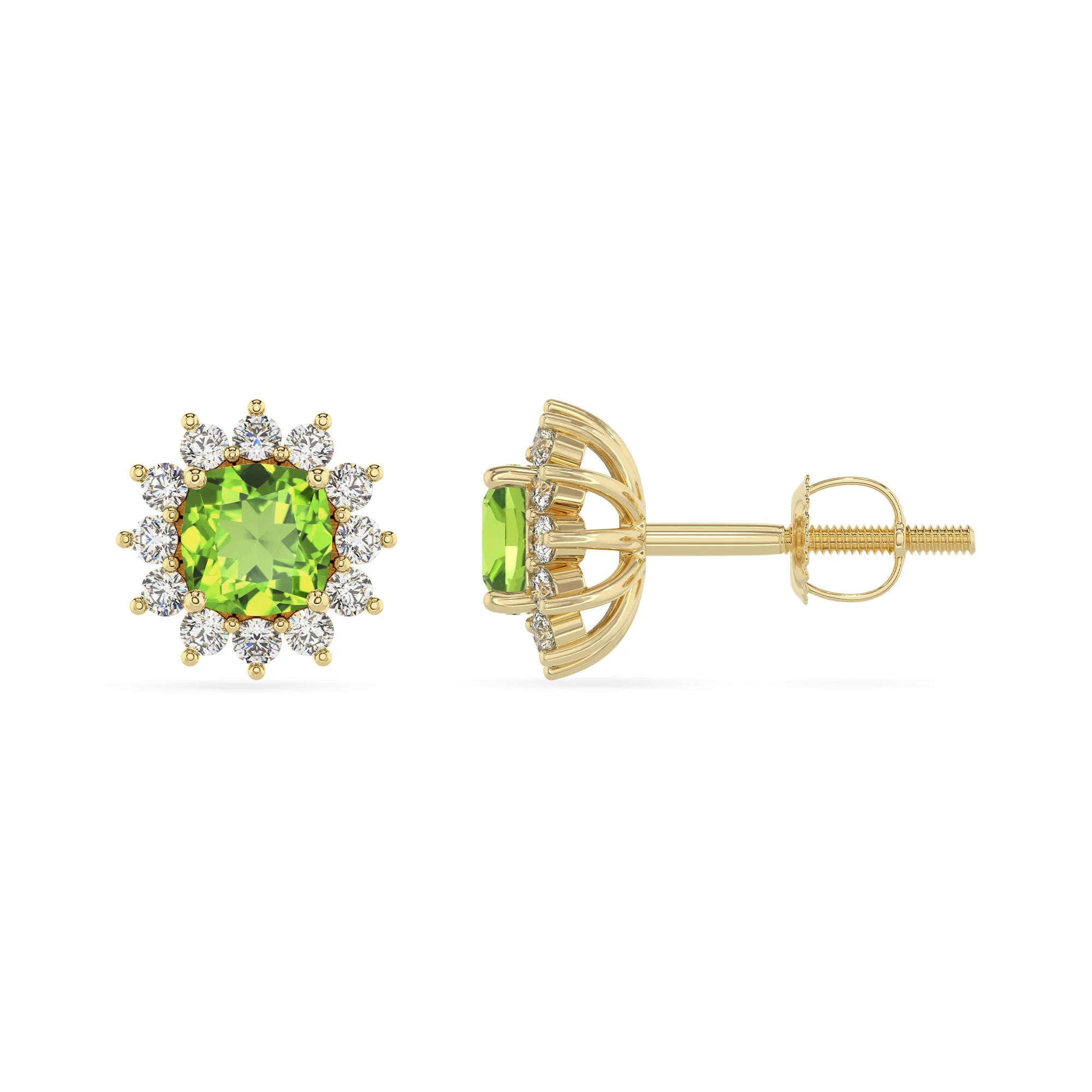 natural peridot cushion stud earrings in yellow gold