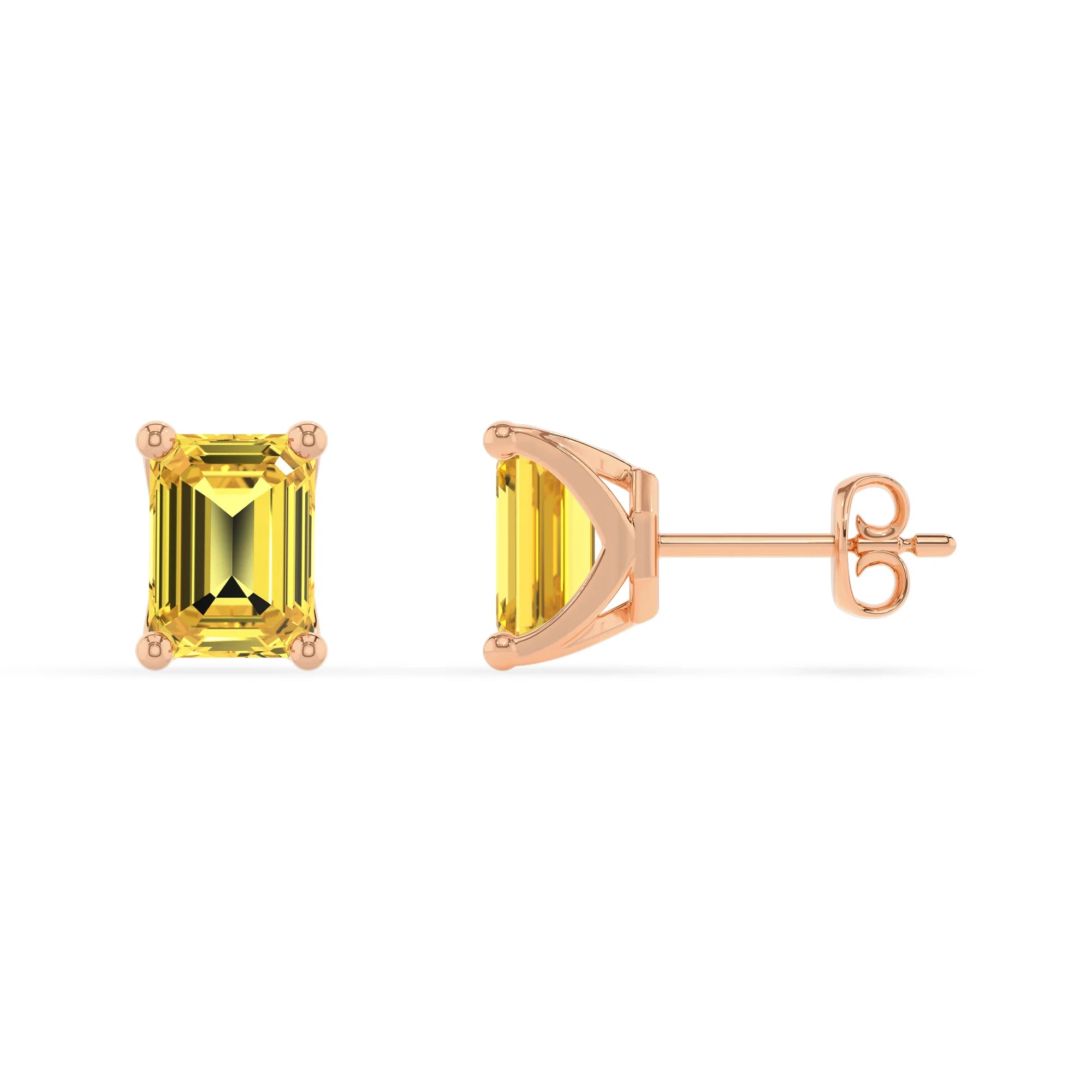 lab grown yellow sapphire emerald cut stud earrings in rose gold