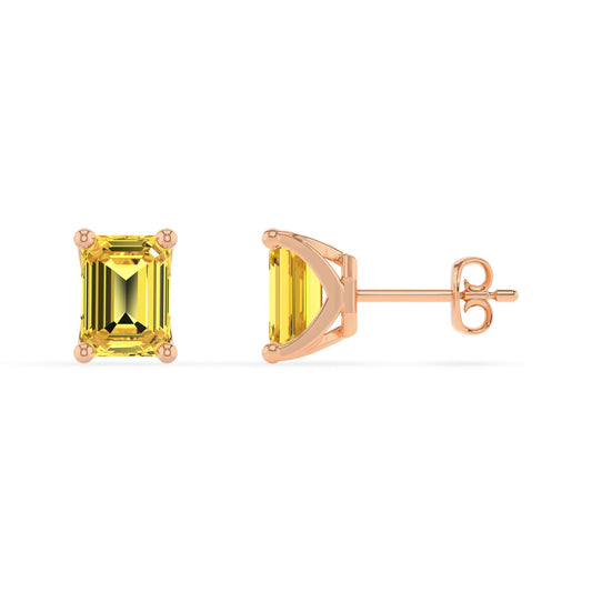 lab grown yellow sapphire emerald cut stud earrings in rose gold
