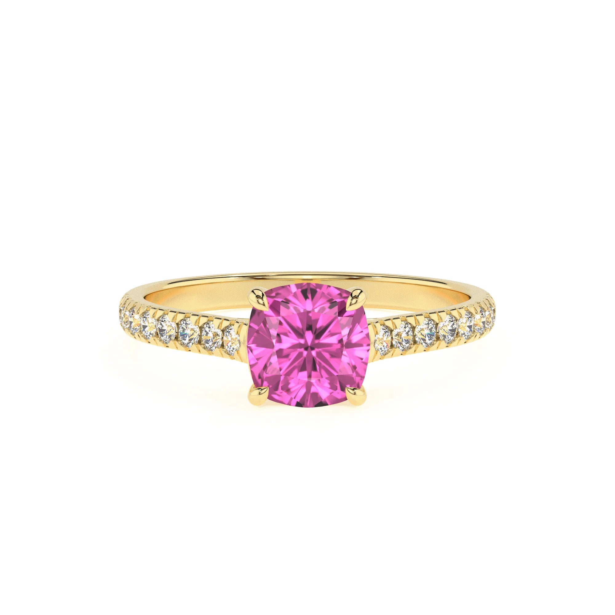 lab grown pink-sapphire cushion half eternity solitaire engagement rings in yellow gold