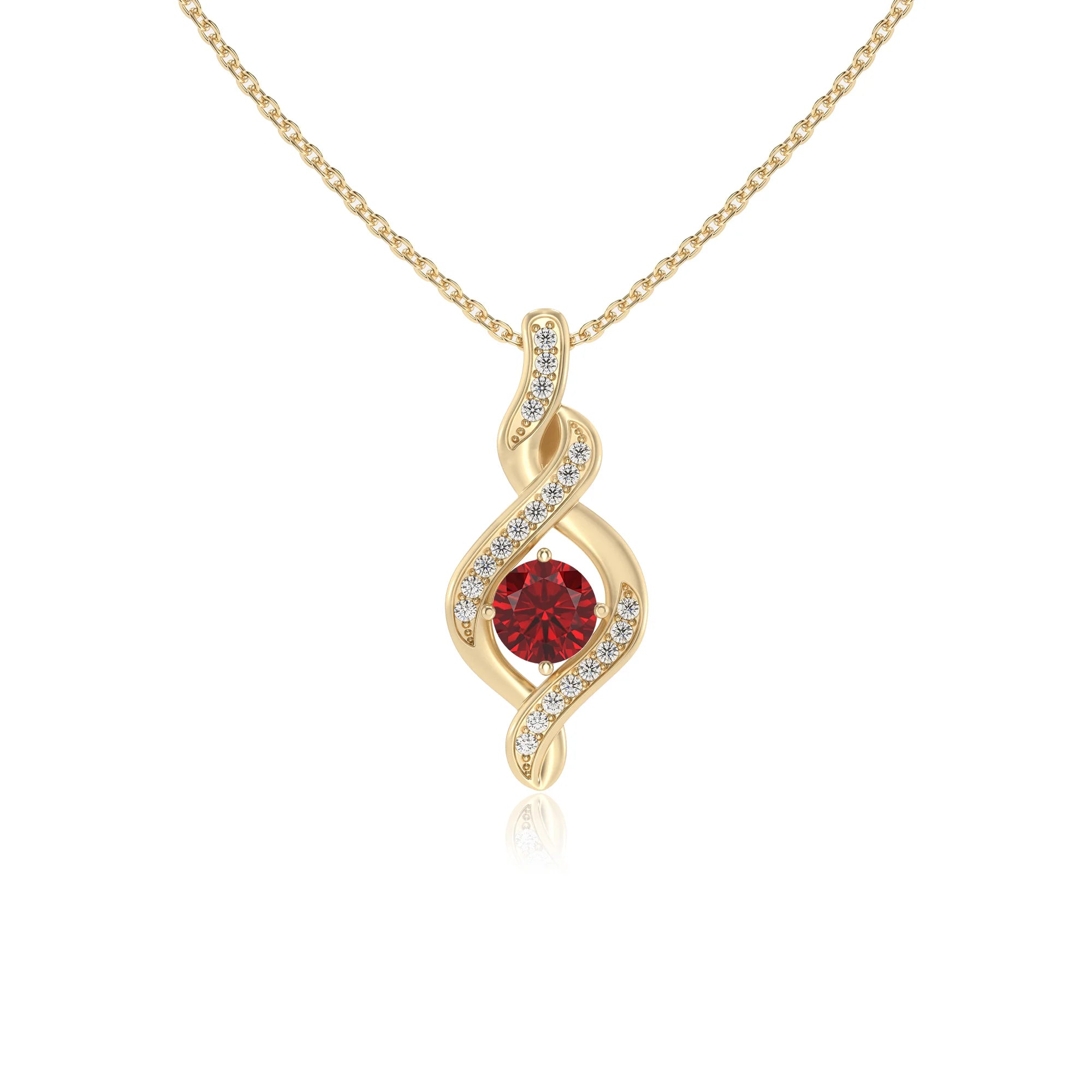 lab grown ruby round solitaire necklaces in yellow gold