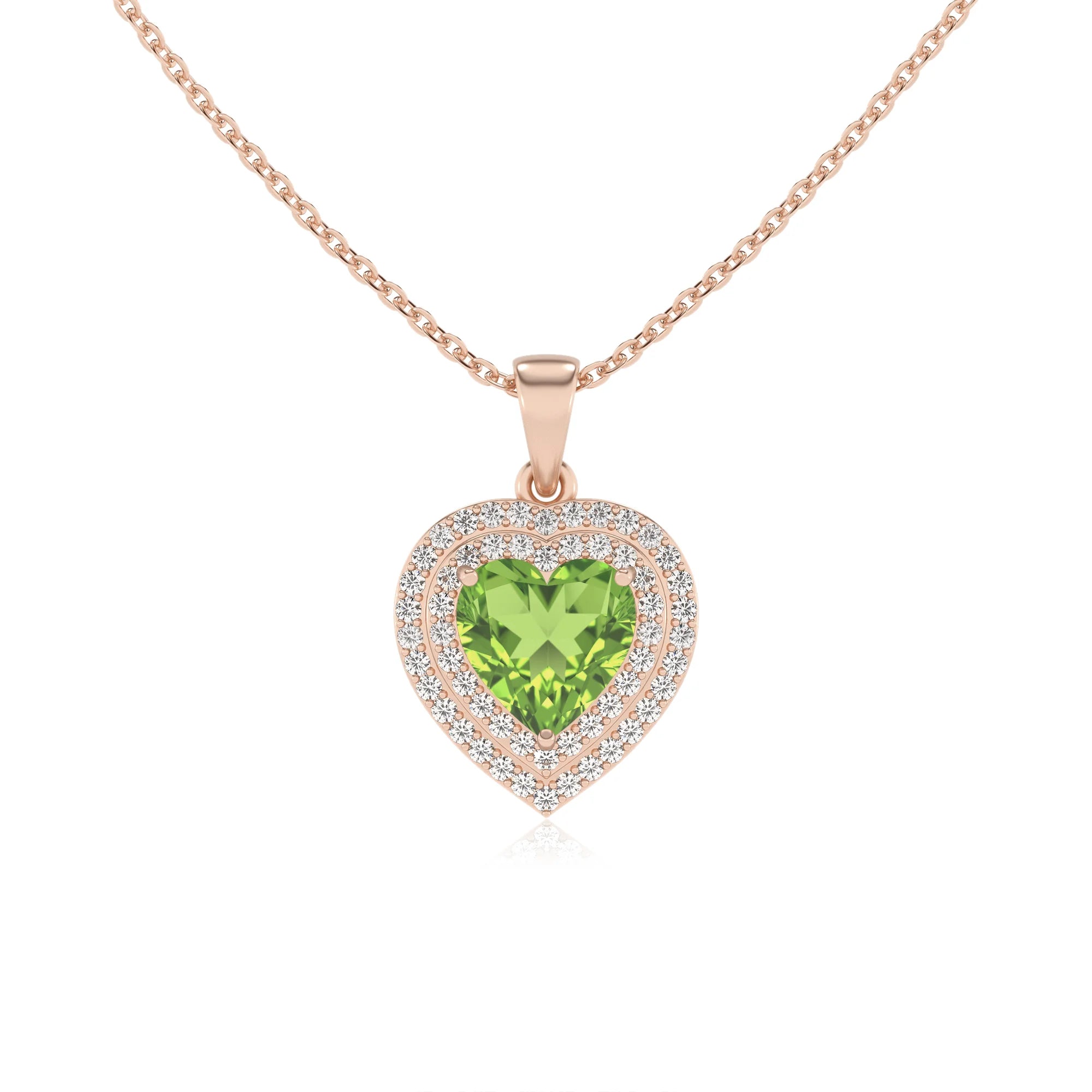 natural peridot heart halo necklaces in rose gold