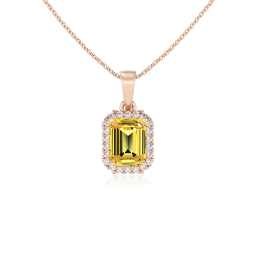 lab grown yellow-sapphire emerald cut solitaire necklaces in rose gold