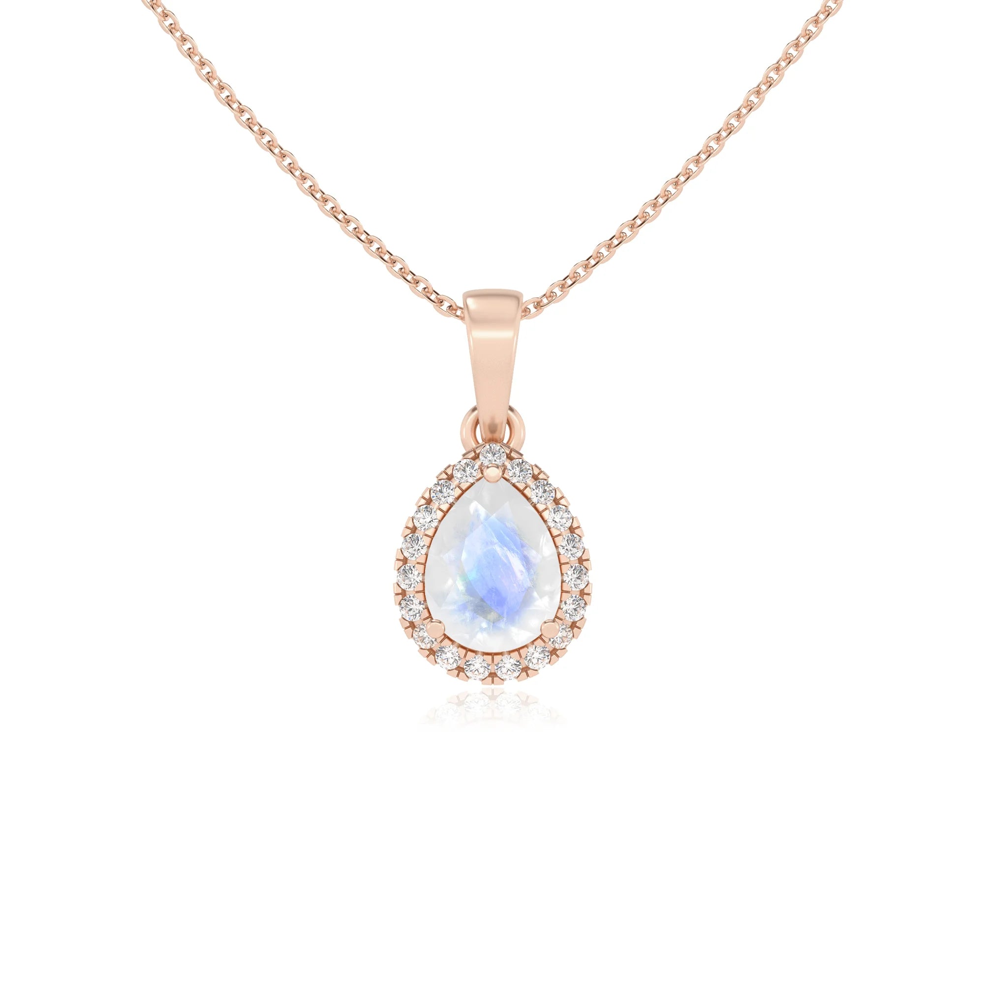 natural rainbow-moonstone pear solitaire necklaces in rose gold