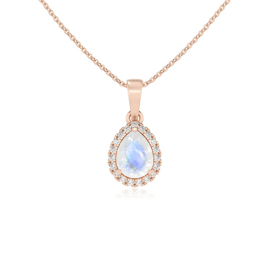 natural rainbow-moonstone pear solitaire necklaces in rose gold