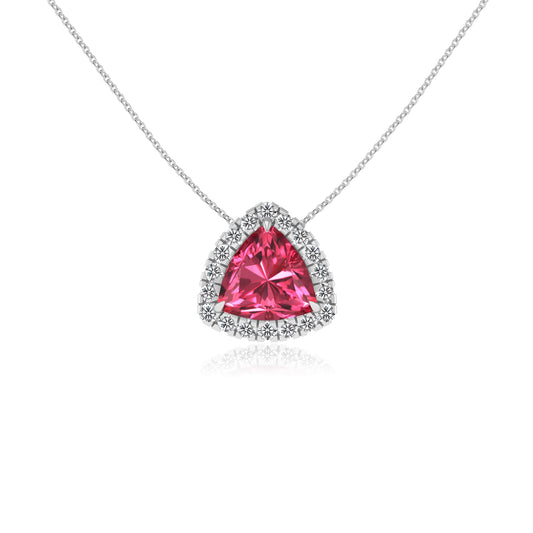 lab grown pink tourmaline trillion solitaire necklaces in sterling silver