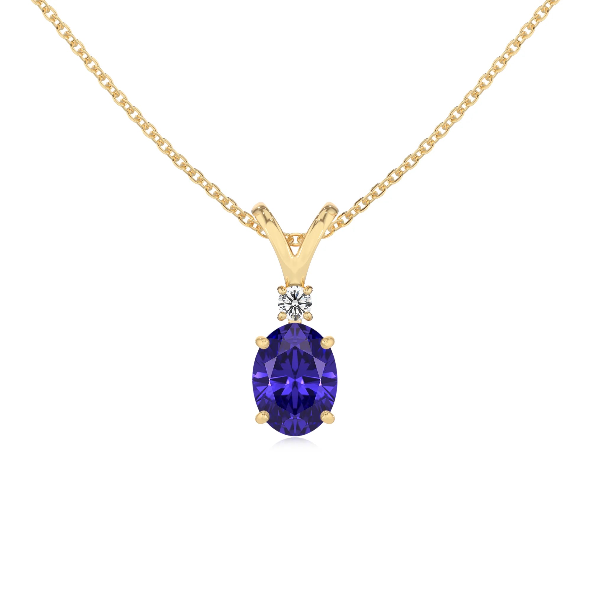 lab grown tanzanite oval solitaire v-bale necklaces in yellow gold