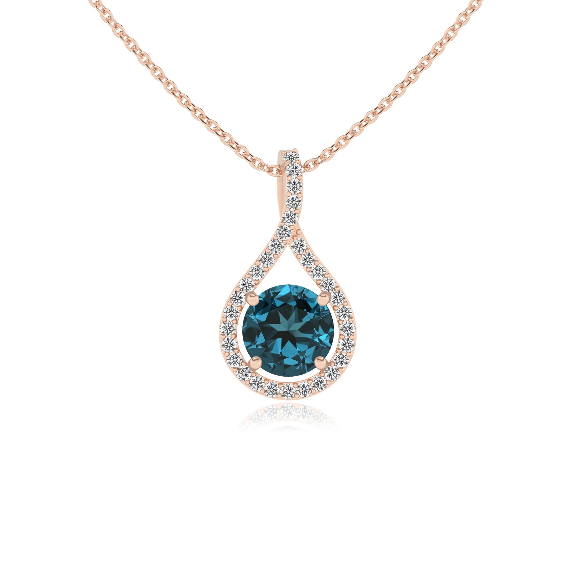 natural london-blue-topaz round solitaire necklaces in rose gold