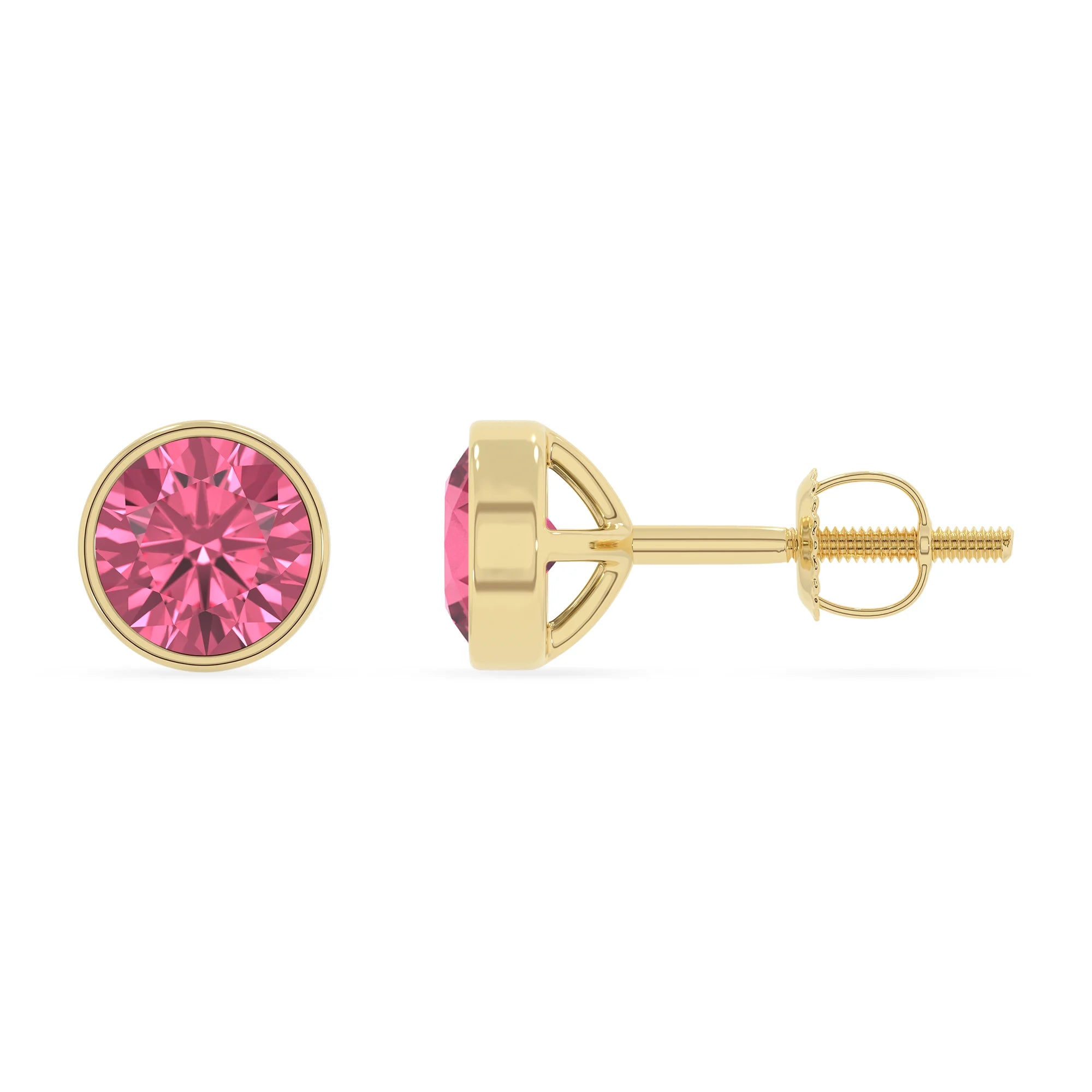 lab grown pink tourmaline round stud earrings in yellow gold