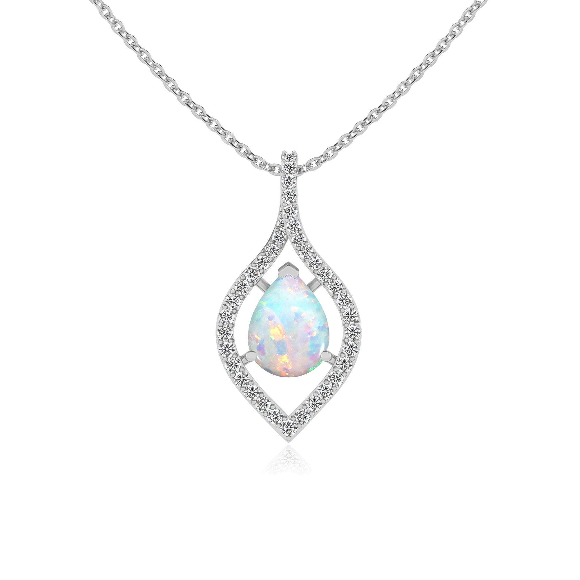 lab grown opal pear infinity necklaces in sterling silver