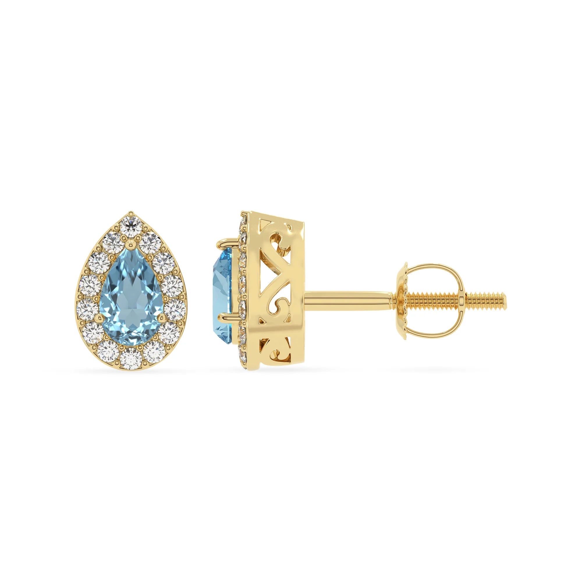 lab grown aquamarine pear stud earrings in yellow gold