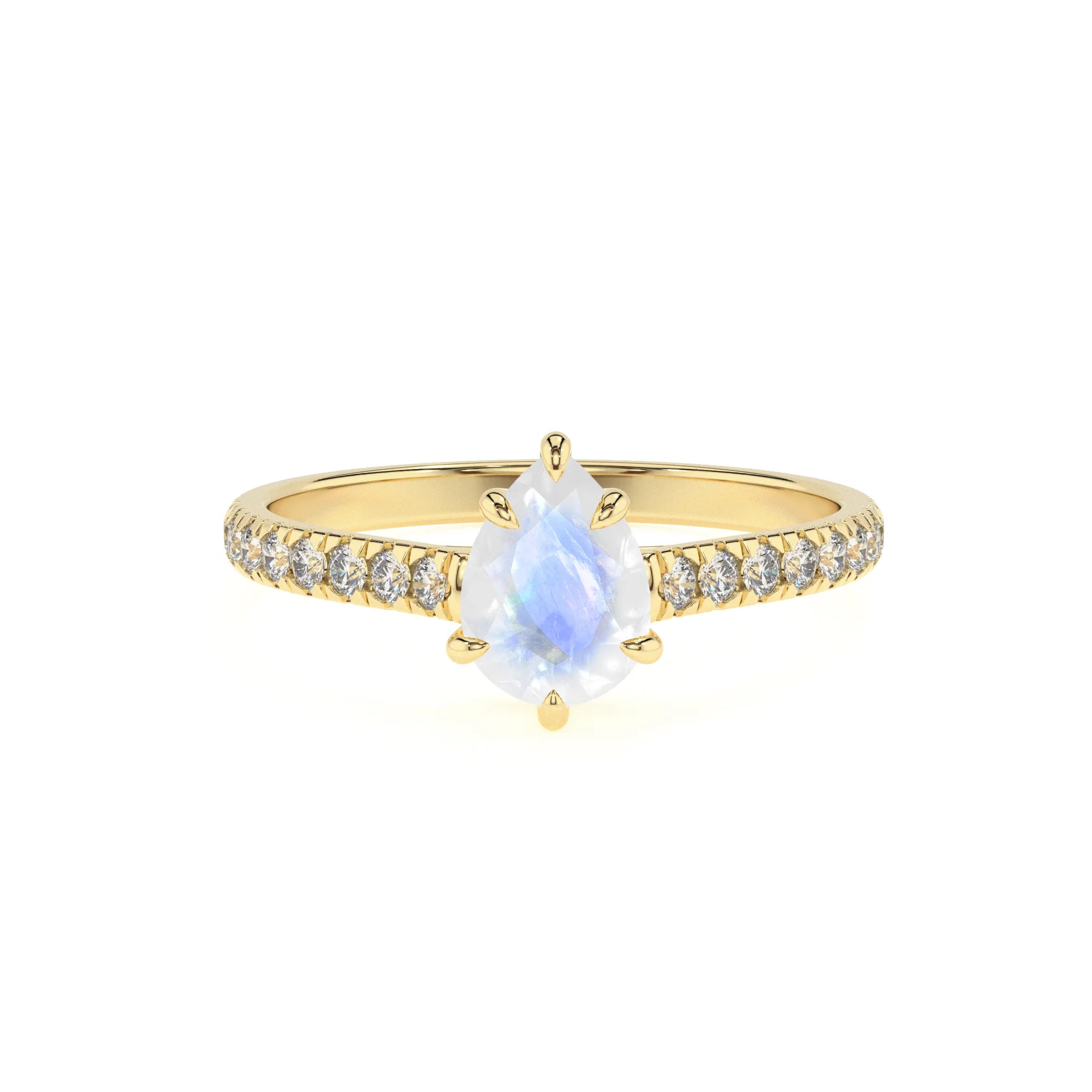 natural rainbow-moonstone pear half eternity solitaire engagement rings in yellow gold