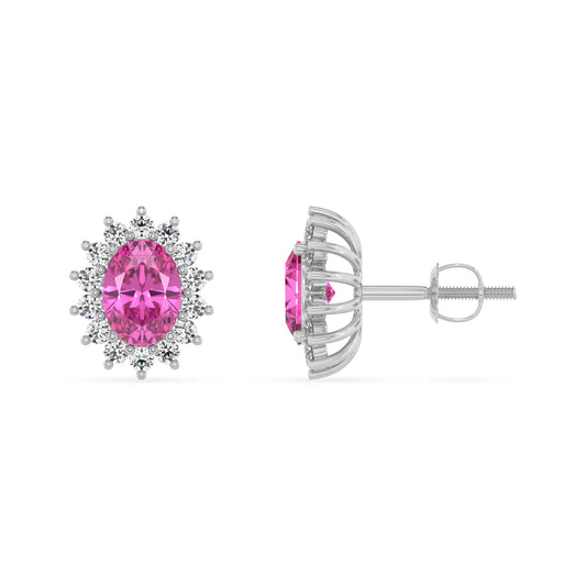 lab grown pink sapphire oval stud earrings in white gold