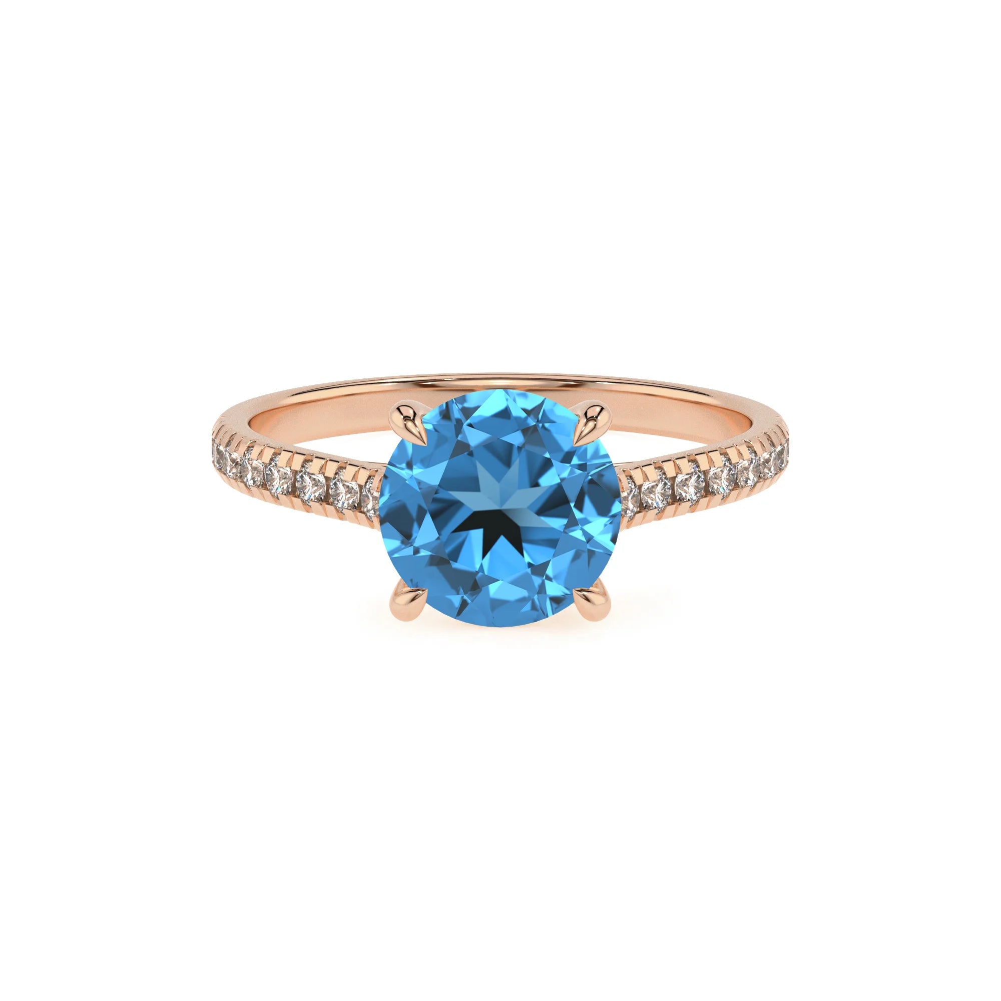 natural swiss-blue-topaz round half eternity solitaire engagement rings in rose gold