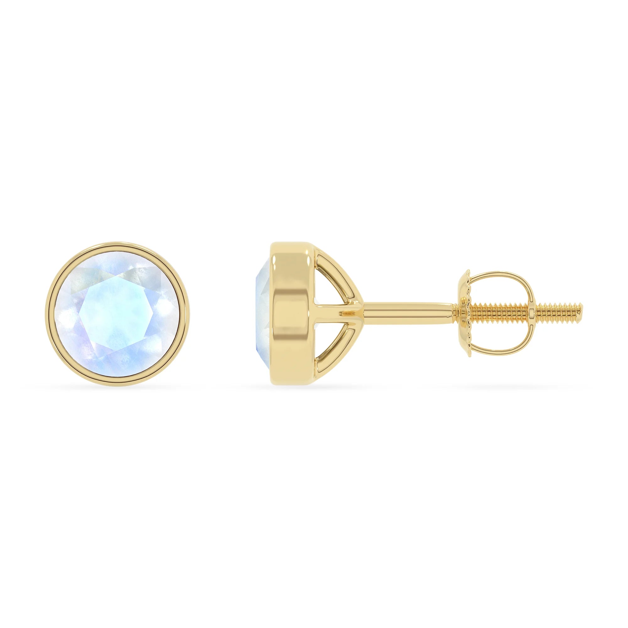 natural rainbow moonstone round stud earrings in yellow gold
