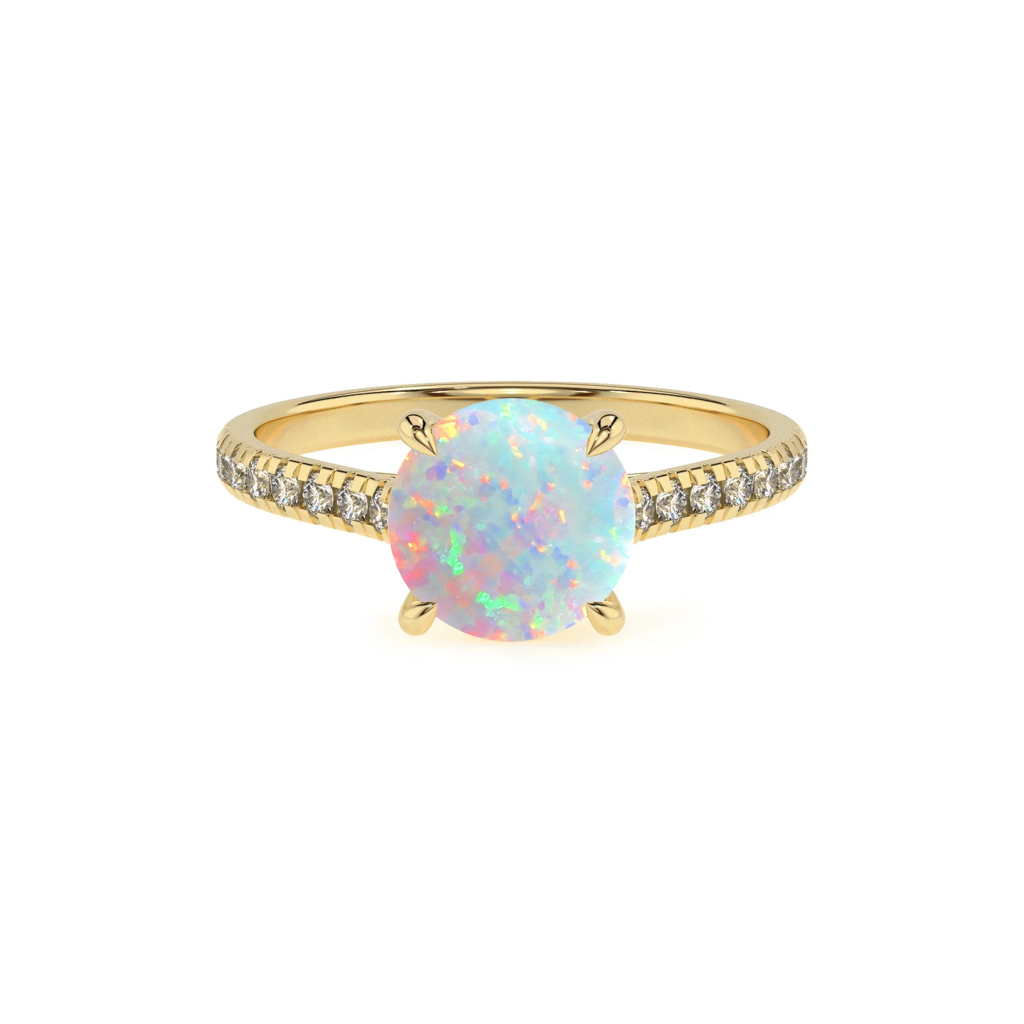 lab grown opal round half eternity solitaire engagement rings in yellow gold