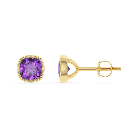 lab grown amethyst cushion stud earrings in yellow gold