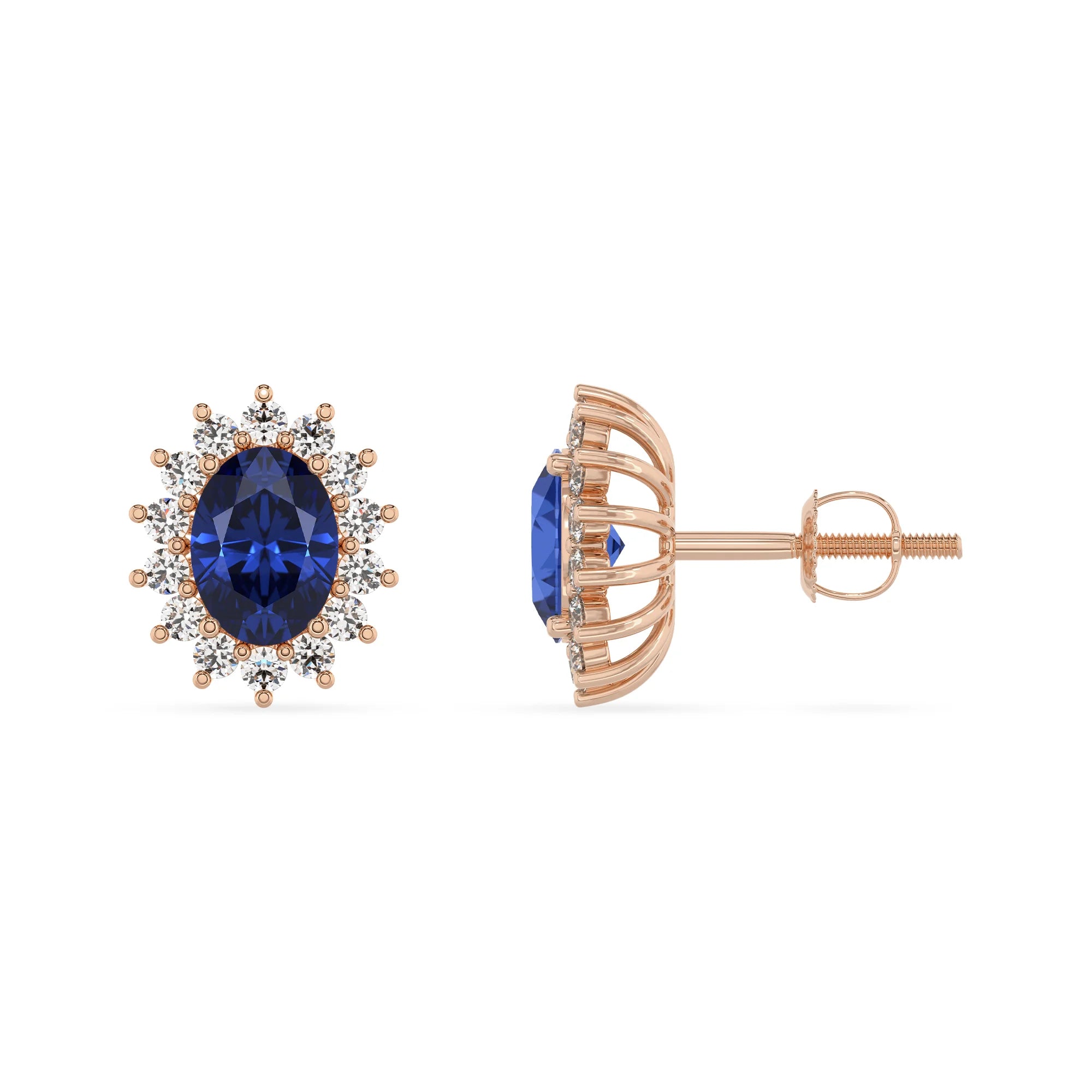 lab grown blue sapphire oval stud earrings in rose gold