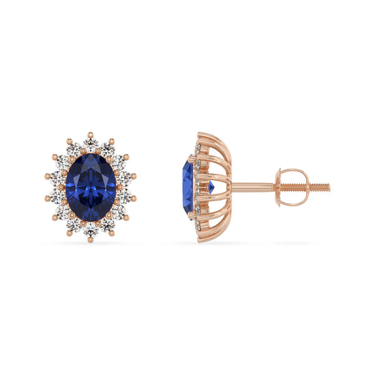 lab grown blue sapphire oval stud earrings in rose gold