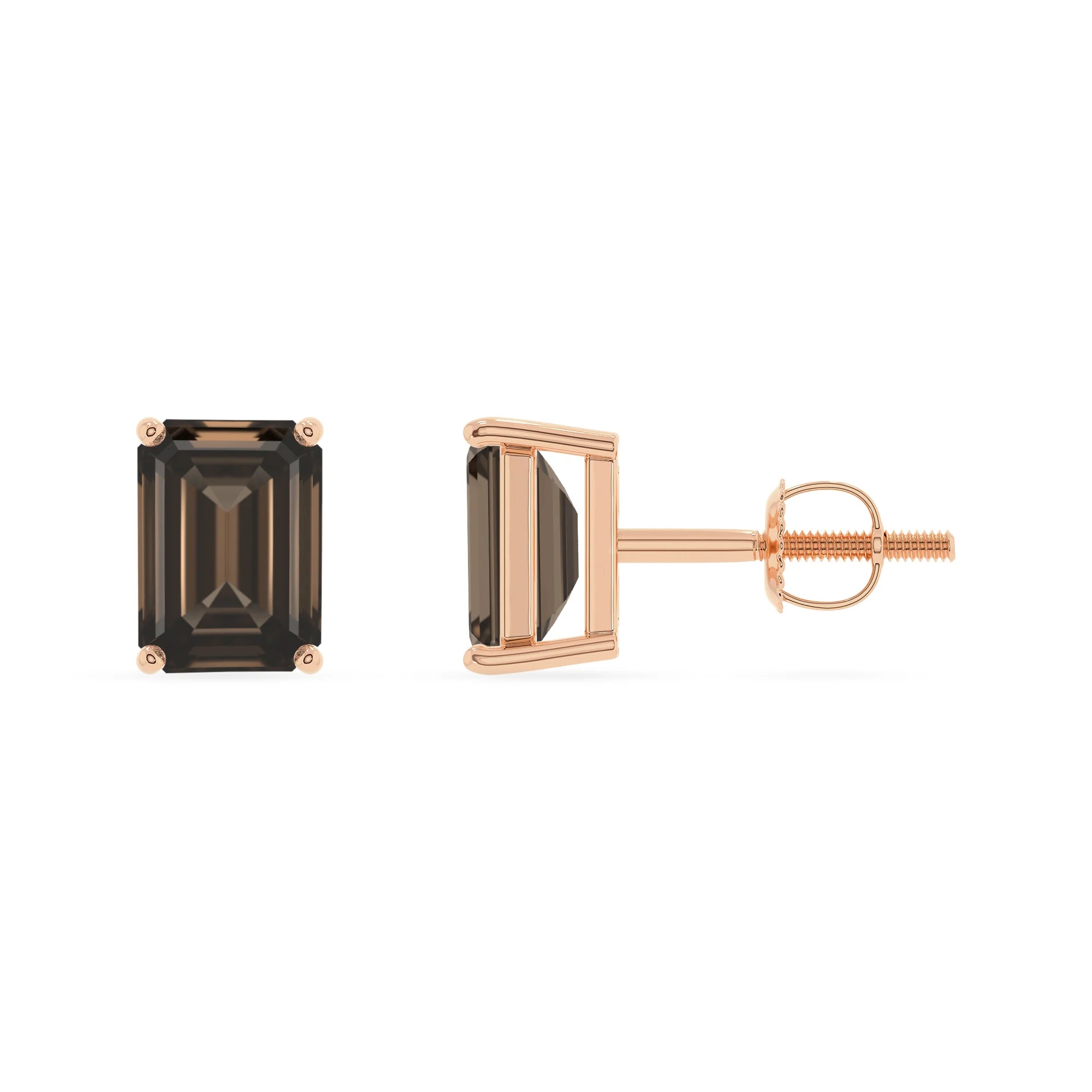 natural smoky quartz emerald cut stud earrings in rose gold
