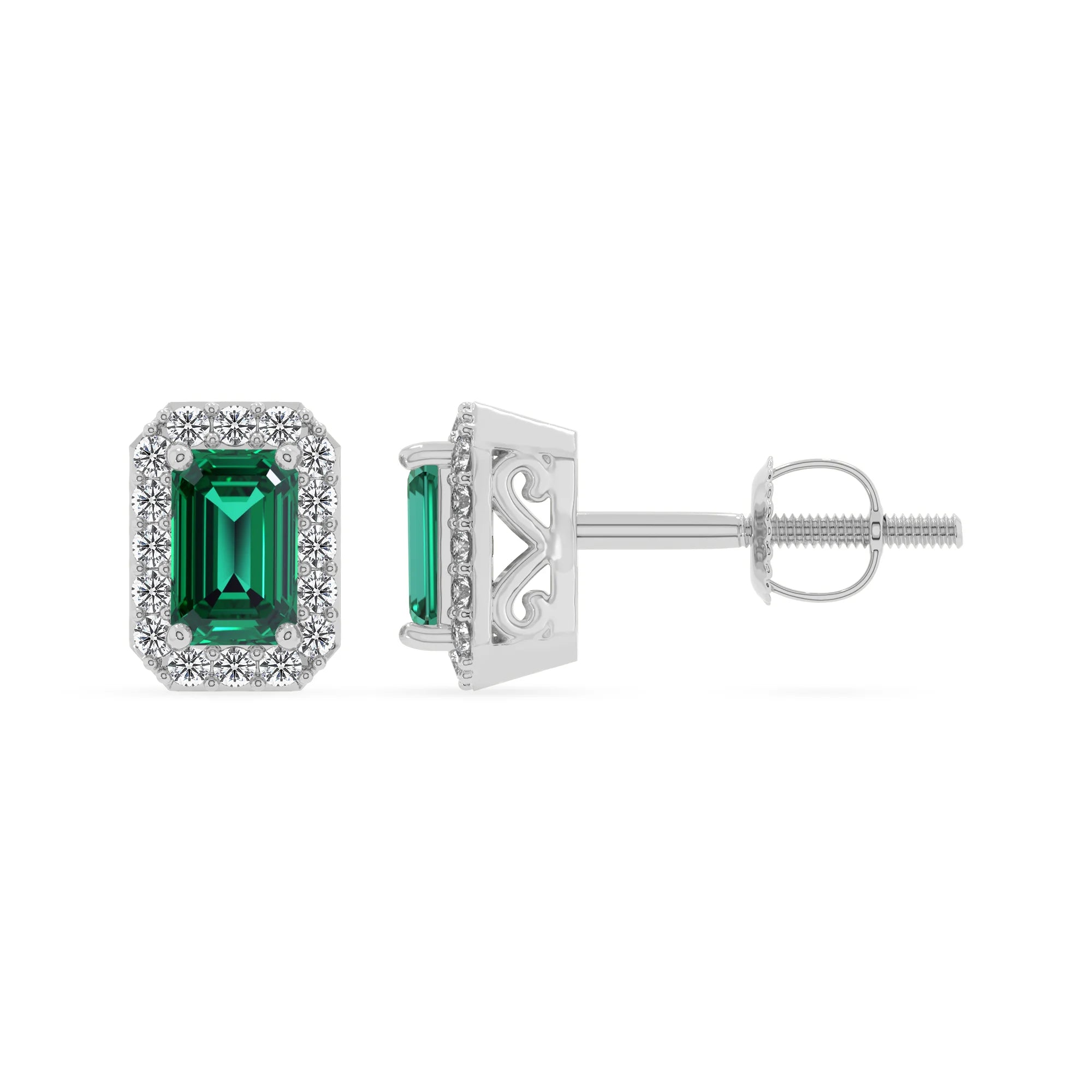 lab grown emerald octogon cut stud earrings in white gold