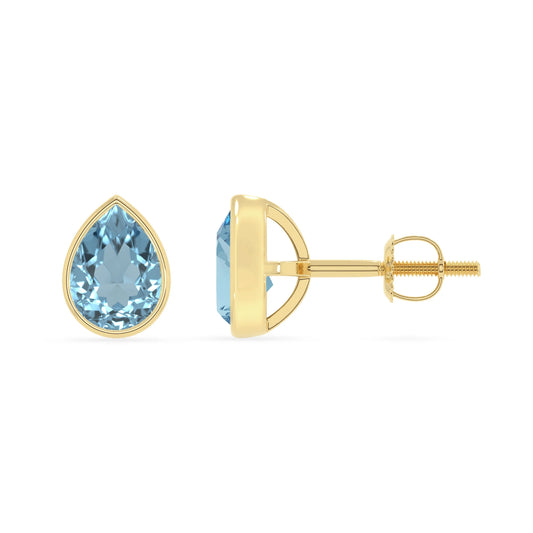 lab grown aquamarine pear stud earrings in yellow gold